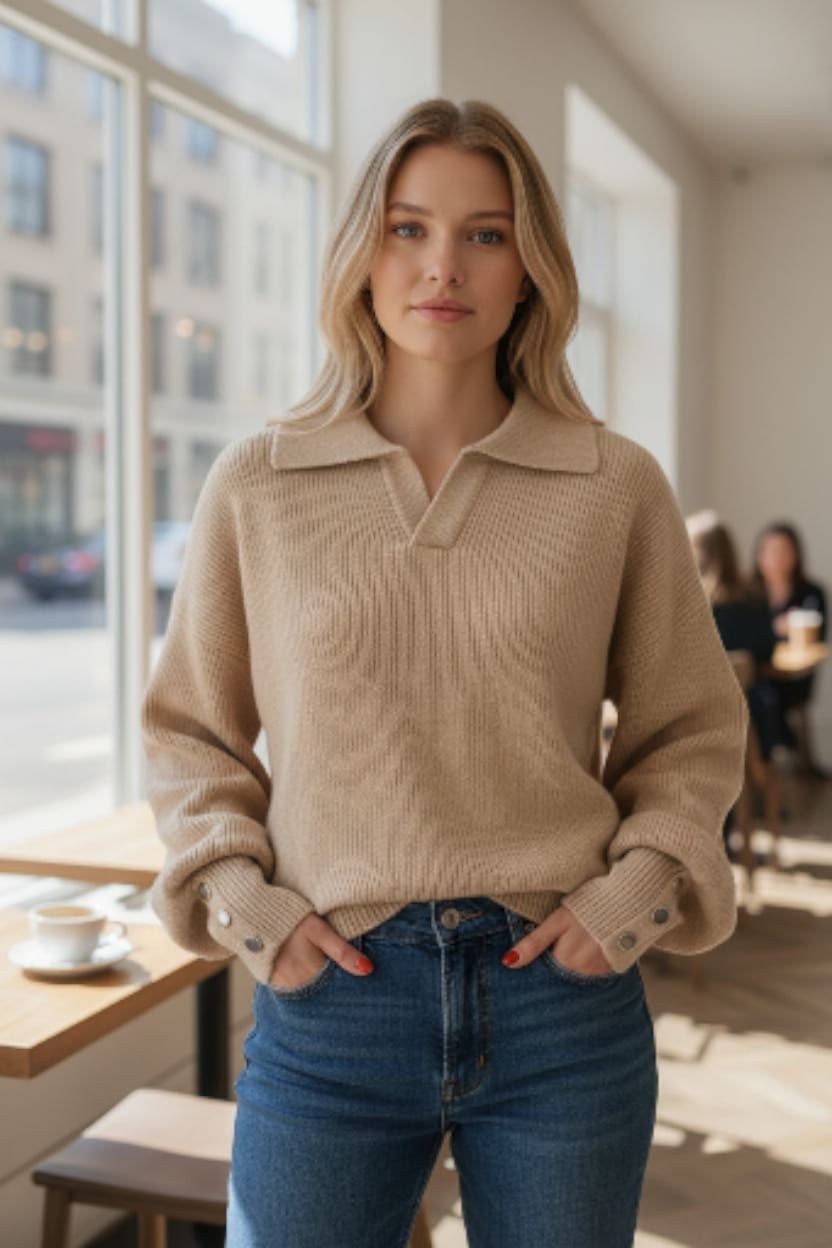 Ribbed Polo-Neck Sweater