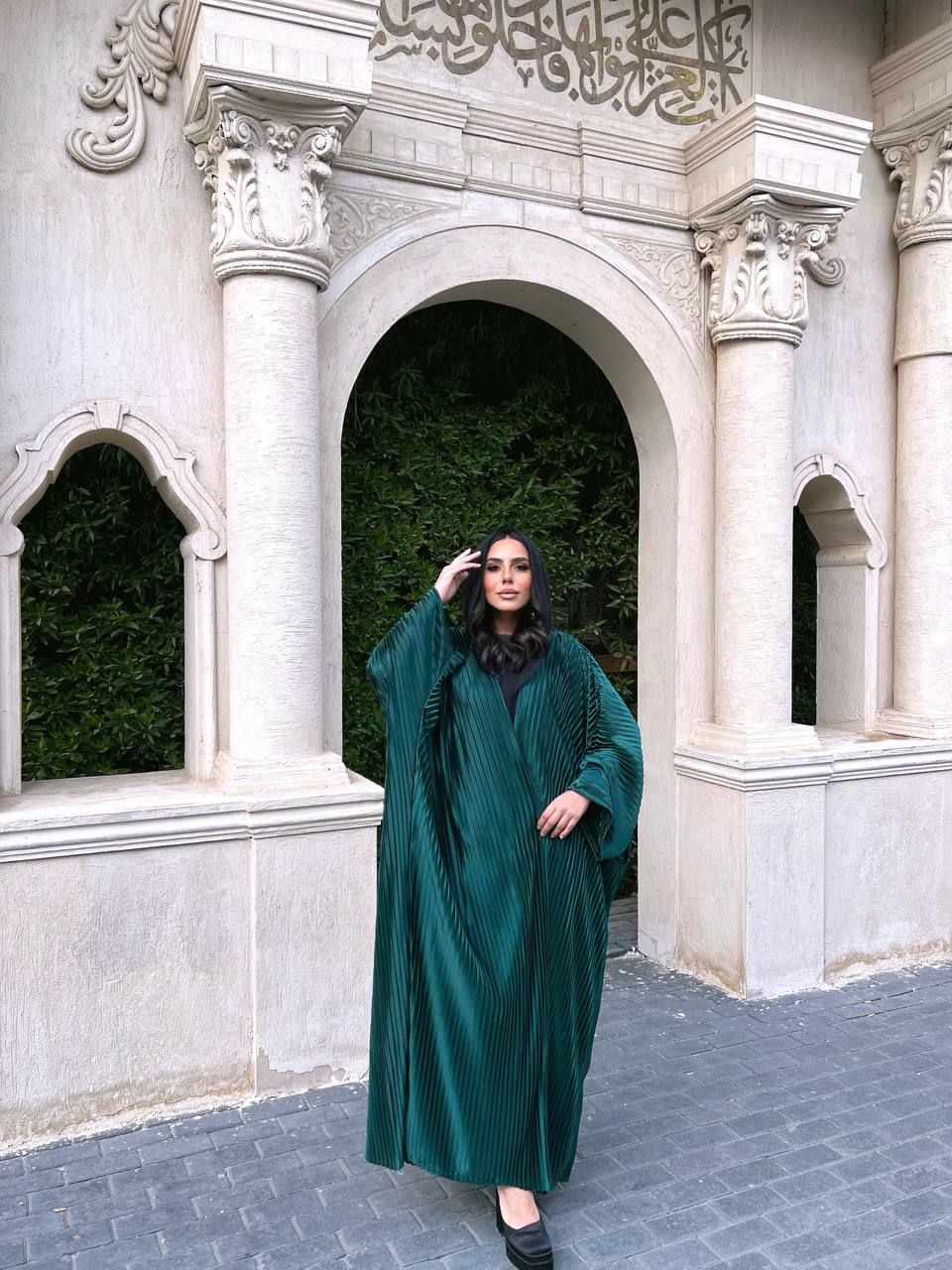 Satin Plissé kaftan Green