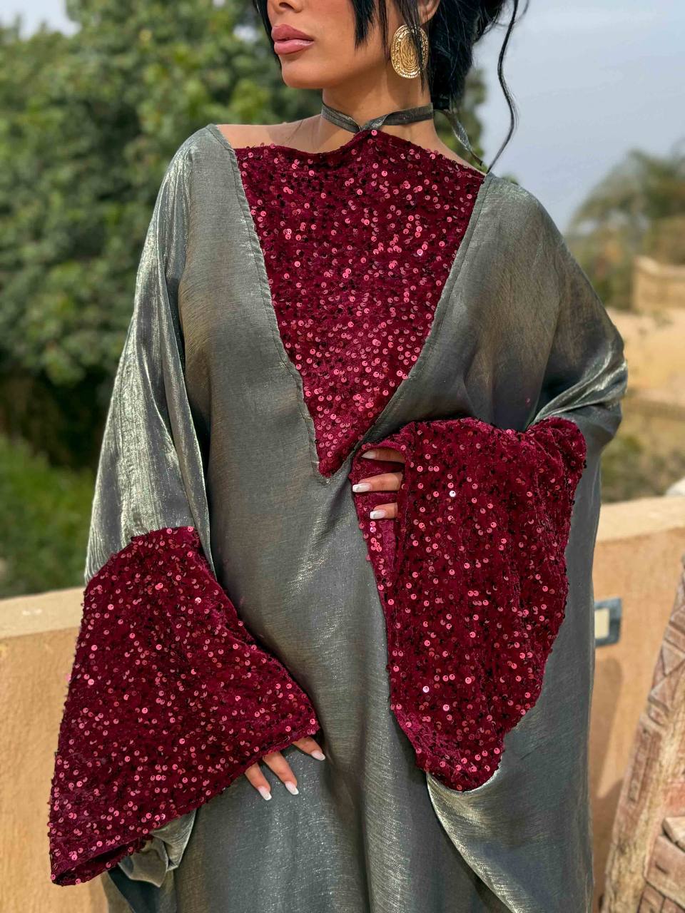 Olive green abaya & burgundy rhinestones