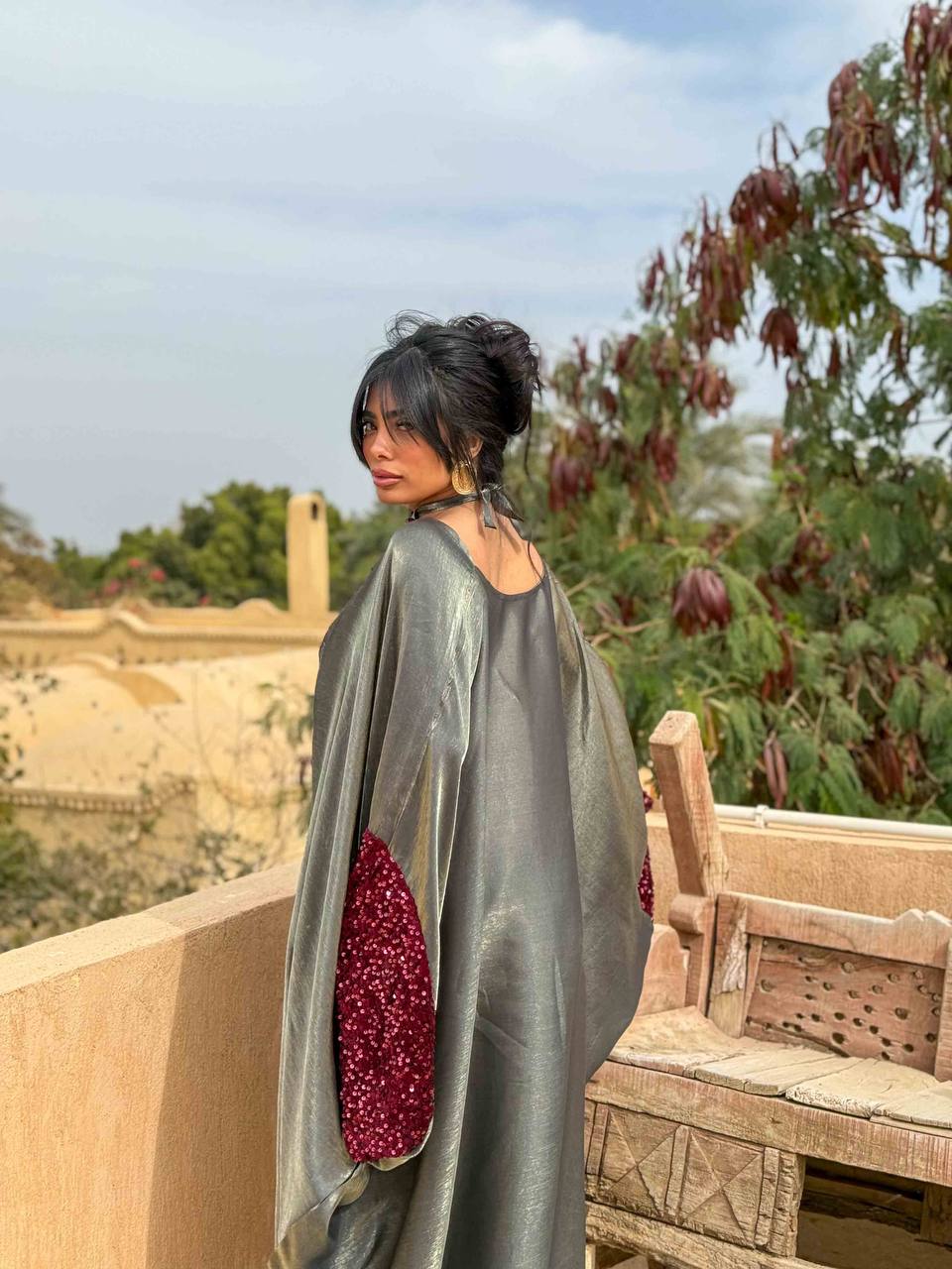 Olive green abaya & burgundy rhinestones