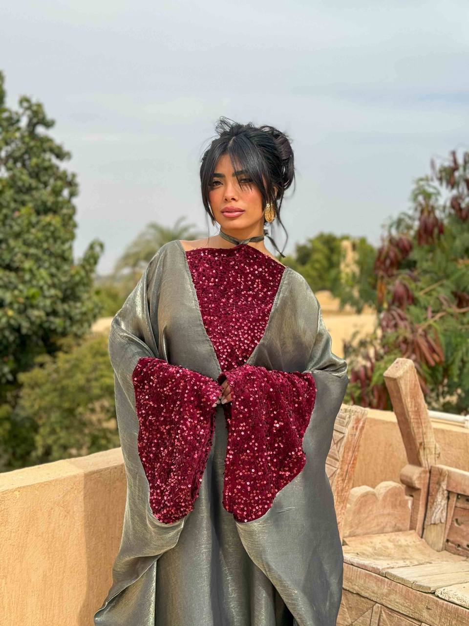 Olive green abaya & burgundy rhinestones